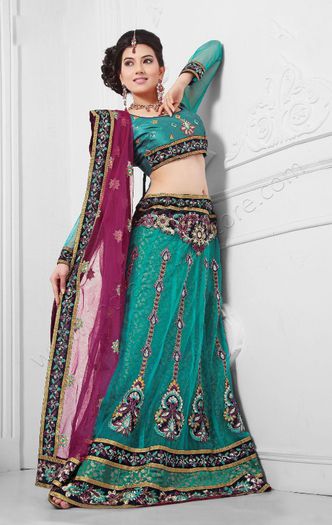 teal-blue-net-chaniya-choli-12417 - Chaniya Choli