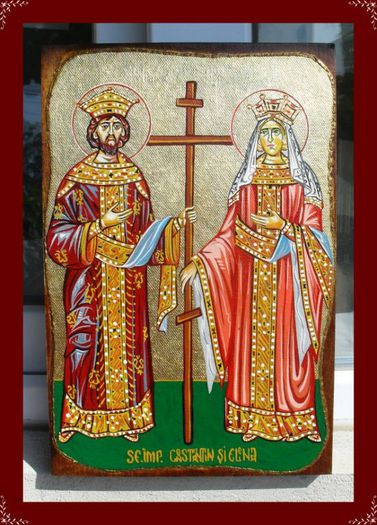 sf imp constantin si elena; icoana pictata pe suport de lemn de tei in vopsele acrilice si foita de aur  dim.20x30x3 cm Pret :200 lei
