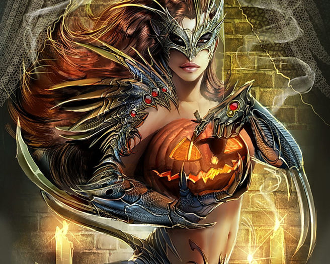 Armored Girl holding Halloween pumpkin