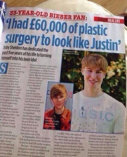 61401823 - Un barbat de 33 de ani a dat 100-000 de dolari pe operatii pentru a arata ca Justin Bieber
