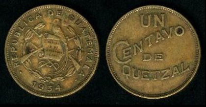 1 centavo de quetzal, Guatemala, 1938,92; Guatemala
