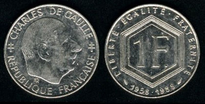 1 franc, Franta, 1988, Charles de Gaulle, 523