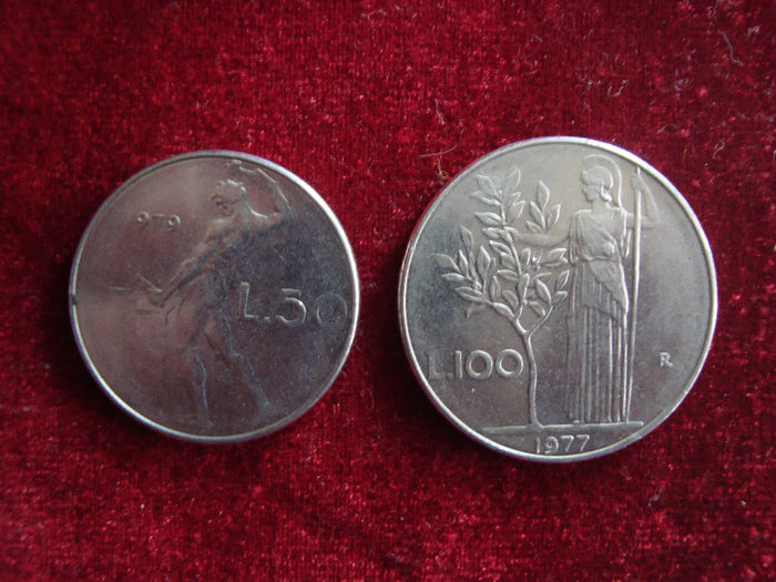 Set monede Italia - 4,10 lei; 50 lire 1979, XF/KM#95.1 si 100 lire 1977, XF/KM#96.1
