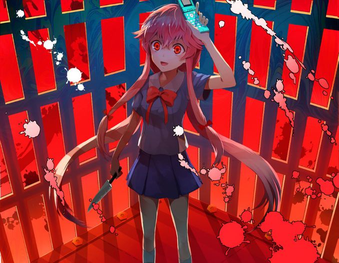 bow_gasai_yuno_knife_koromono_long_hair_mirai_nikki_phone_pink_hair_red_red_eyes_seifuku_wallpaper-o - The Future Diary