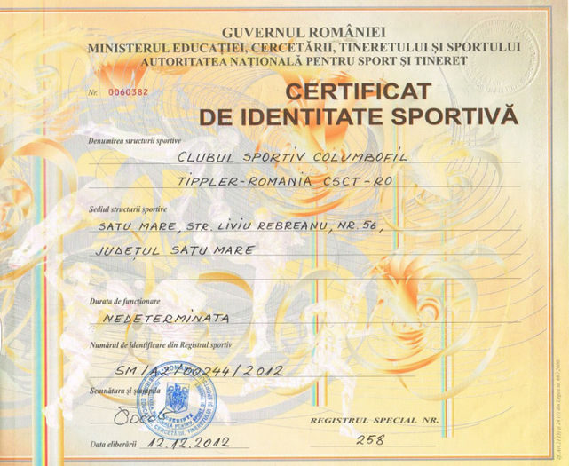 CERTIFICAT DE IDENTITATE  SPORTIVA - CERTIFICAT DE IDENTITATE SPORTIVA