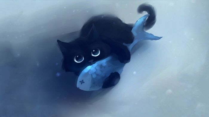 black-cat-eating-fish-painting-1920x1080 - Blue cat