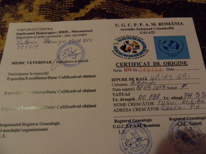 certificatul de origine; vaccinarea s-a facut pe 9 August
