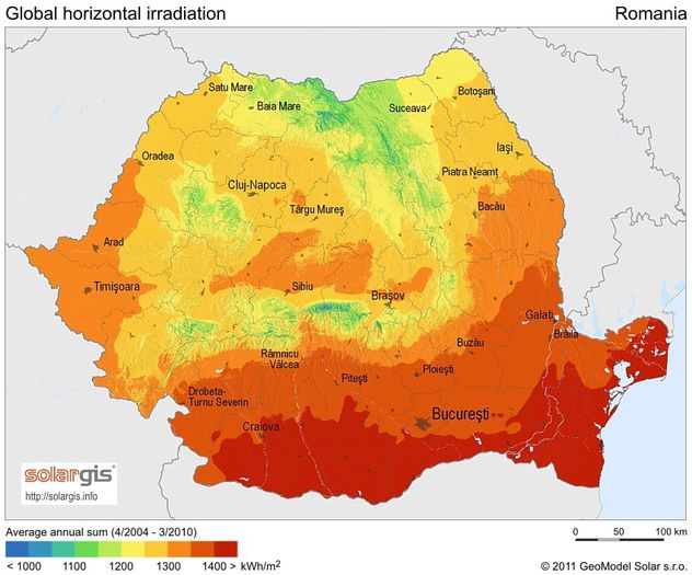 SolarGIS-Solar-map-Romania; harta cu zonele cele mai calduroase din Romania.
