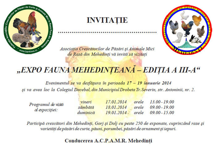 Invitatie - Expo Fauna Mehedinteana - Editia a III-a