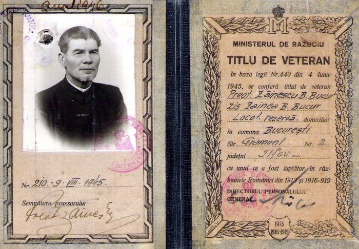 Locotenent Bucur Zainescu, veteran; Veteran al Razboaielor Romaniei din 1913 și 1916-1919

