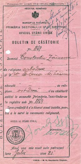 Buletinul de casatorie al parintilor, 1940; Sectorul III Albastru, Bucuresti 1940
