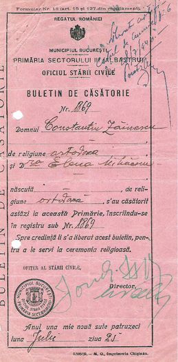 Buletin de casatorie; Al parintilor mei, in Sectorul III Albastru, Bucuresti, 1940
