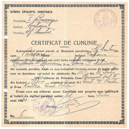 Si certificatul lor de cununie religioasa; Nuni Vasile si Rodica Radu, Bazargic 1940
