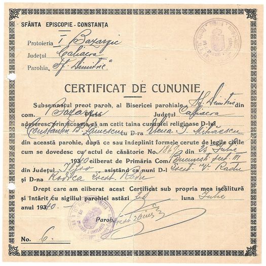 Si certificatul de cununie religioasa 1940; Bazargic Nași Vasile si Rodica Radu
