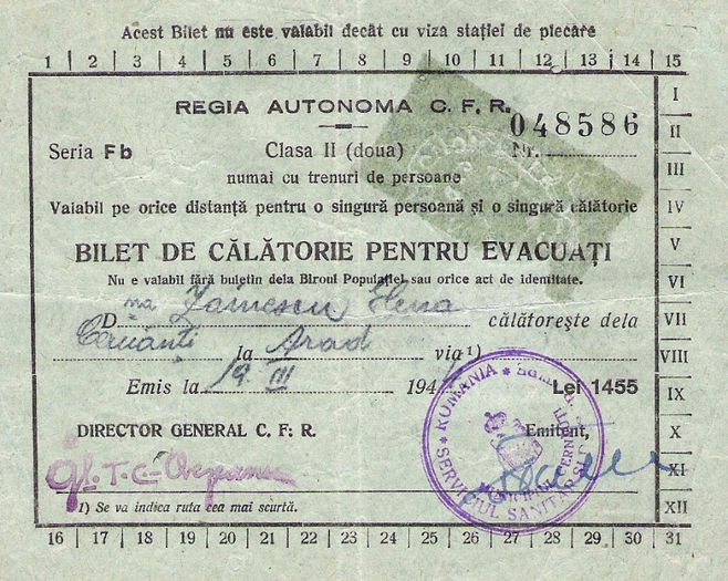 Bilet de calatorie pentru evacuarea mamei. Cernauti 1944; Din Cernauti la Arad
