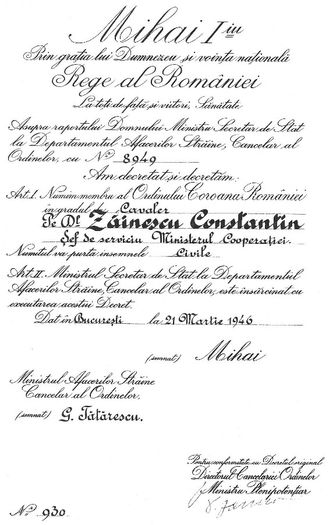 Decret Regal de numire 1946; Decretul de numire a tatalui, Constantin Zainescu, drept Cavaler al Ordinului Coroana Romaniei (1946).
