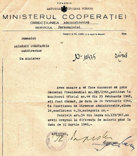 Constantin Zainescu, director in minister; Adresa de numire a tatalui, Constantin Zainescu, la numai 36 de ani, ca director in Ministerul Cooperatiei, Bucuresti 1948.
