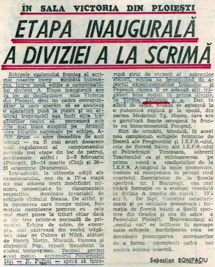 Cristian Zainescu la Politehnica Iasi, 1974; Articol din cotidianul Sportul, Bucuresti, 1 februarie 1974

