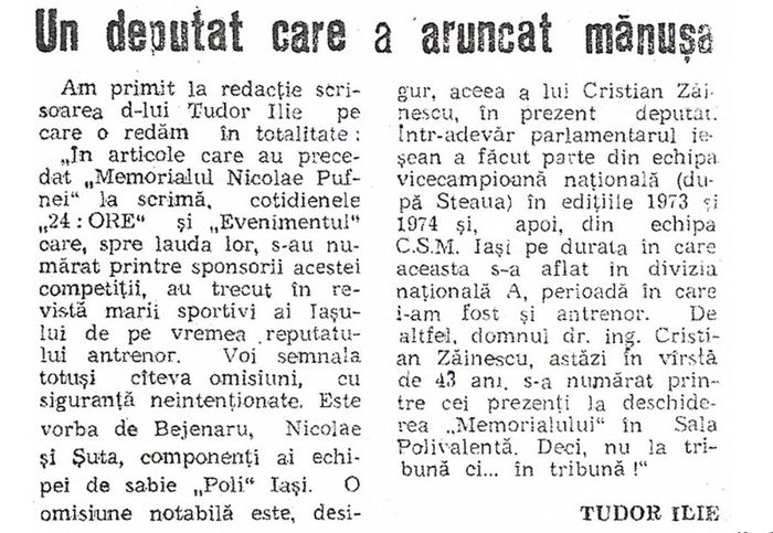 Fostul scrimer Cristian Zainescu in 1992; Articol din cotidianul iesean 24 Ore, 21 martie 1992.
