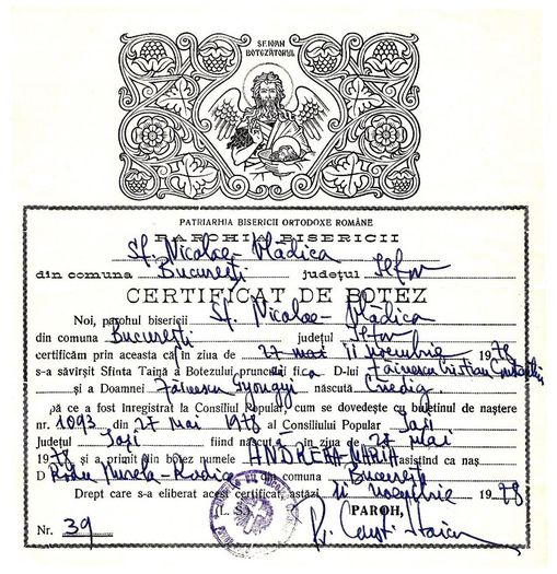 Certificatul de botez al primei fiice; Andreea Maria Zainescu (nascuta in Iasi pe 27 mai 1978). Preot Constantin Staicu (Totei), parohul Bisericii Sf. Nicolae Vladica din Bucuresti, 1978
