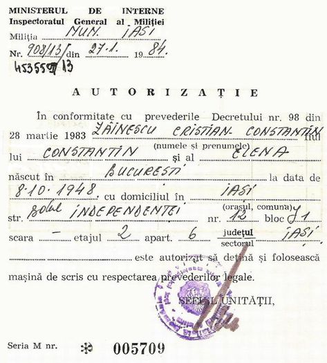 Autorizatie pentru masina de scris !, 1984