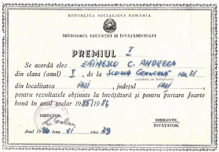 Andreea Zainescu, prima ei diploma; Iasi 1986
