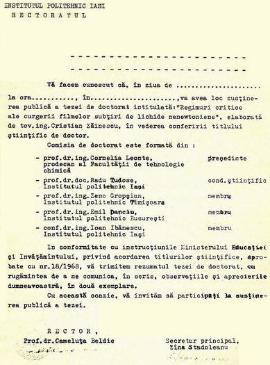 Anuntul privind sustinerea dizertatiei; Iasi, mai 1985
