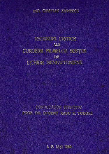 Coperta tezei de doctorat; Institutul Politehnic Iasi, 1984

