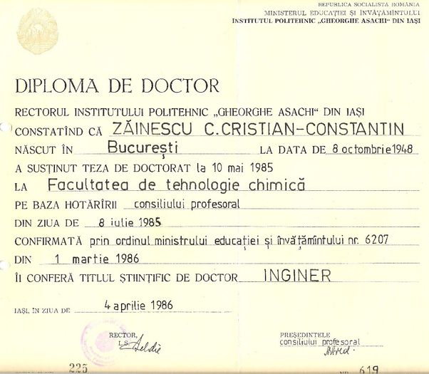 Diploma de doctor inginer, 1986