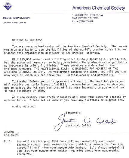 Primirea ca membru al A.C.S., 1986; American Chemical Society, Washington 1986
