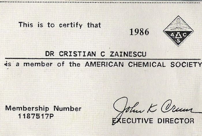 Certificat de membru al Societătii Americane de Chimie; Societatea Americana de Chimie (A.C.S.), Washington 1986
