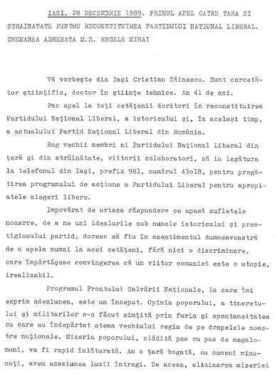 Apelul difuzat de Radio Europa Libera 1; In mod repetat, decembrie 1989 - ianuarie 1990
 Apelul difuzat de Radio Europa Libera 1; In mod repetat, decembrie 1989 - ianuarie 1990