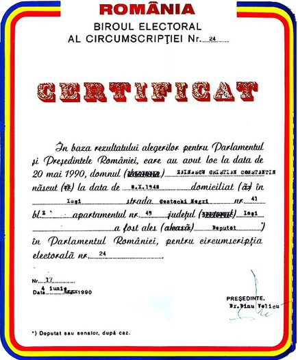Certificatul alegerii ca deputat de Iasi - 1990