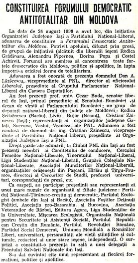 Articol din oficiosul Liberalul, 2 nov.1990 (1); Forumul Democratic Antitotalitar, organizatie transformata ulterior in Conventia Demovratica
