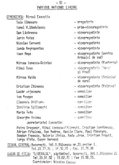 Partidul National Liberal. Conducerea; După fuziunea cu PSL condus de Niculae Cerveni (Rompres, 1991)
