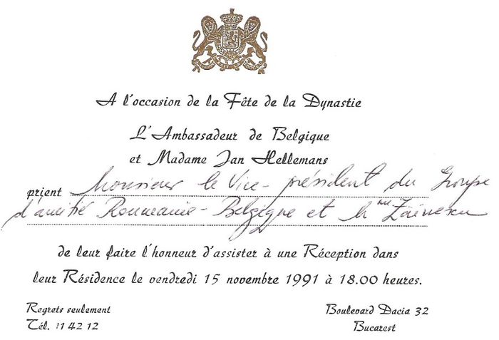 Invitatie la Sarbatoarea Dinastiei Belgiene; Ca vicepresedinte al Grupului parlamentar Romania-Belgia, Bucuresti, 15 Noiembrie 1991
