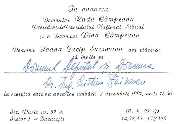 Invitatie la o receptie a PNL, Bucuresti 1991