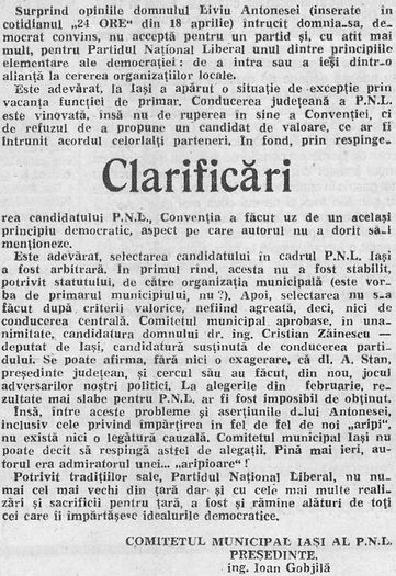 Asupra candidaturii pentru Primarie; (Cotidianul 24 Ore Iasi, 21 aprilie 1992)

