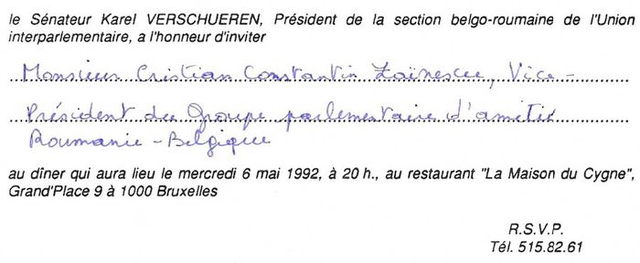 Invitatie la dineul oficial, Bruxelles; 6 mai 1992
