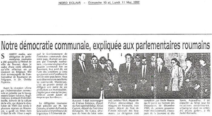 Articol din ziarul belgian Nord Eclair privind vizita delegatiei romane - 1992