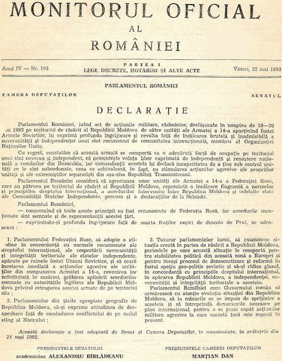 Declaratie privind Basarabia; In legatura cu conflictul din Basarabia, 21 mai 1992
