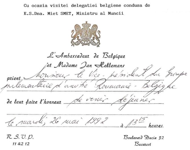 Invitatie la Ambasada Belgiei; Bucuresti, 26 mai 1992
