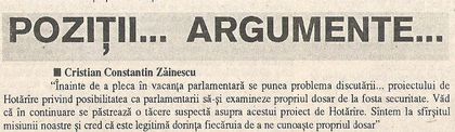 Despre dosarele fostei securitati, 1992; Parlamentul, Nr. 18 din 15 septembrie 1992 (oficios)
