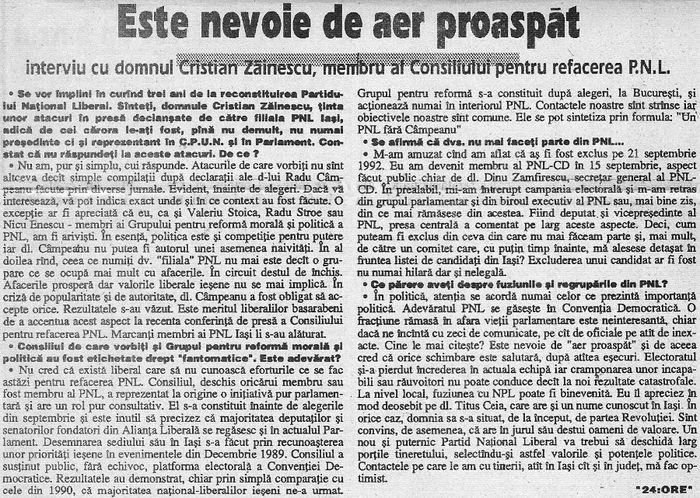 Interviu in cotidianul 24 Ore; Iasi, 16 decembrie 1992
