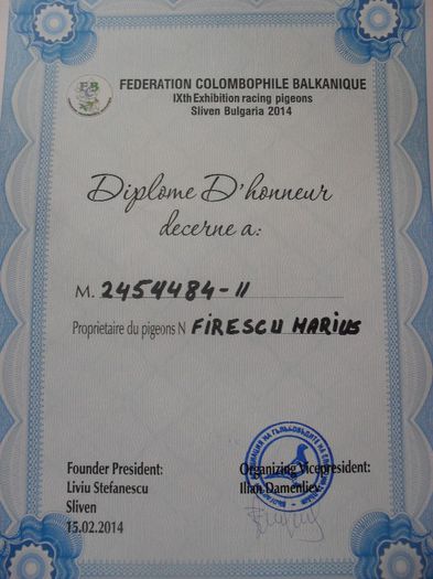 diploma F.C.B - Balcaniada Sliven Bulgaria 2014