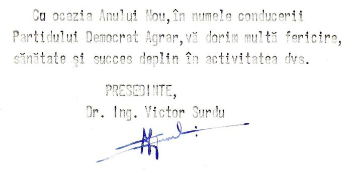 Felicitare de la regretatul Victor Surdu; Fost coleg in Camera Deputatilor, presedinte al Partidului Democrat Agrar din Romania (Bucuresti, ian. 1993)
