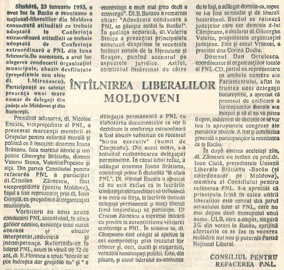 Comunicat, Opinia, Iasi 28 ianuarie 1993; Consiliul pentru Refacerea PNL
