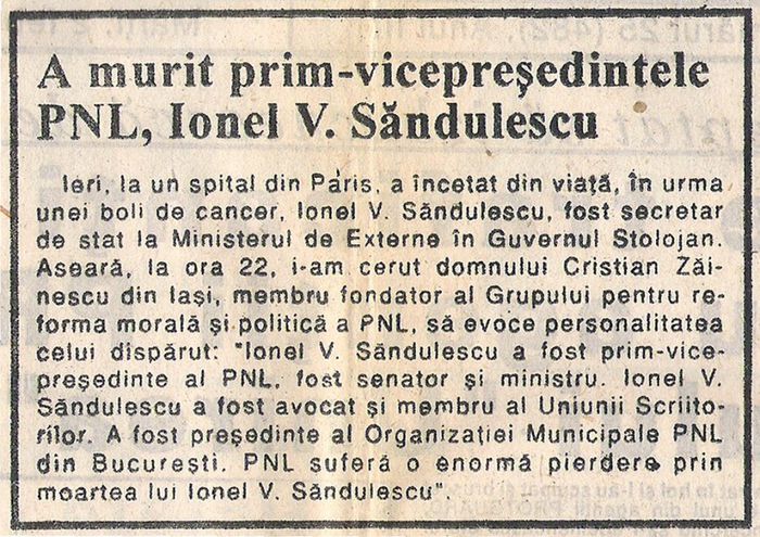 La moartea lui Ionel Sandulescu (Monitorul, 2 febr.1993)