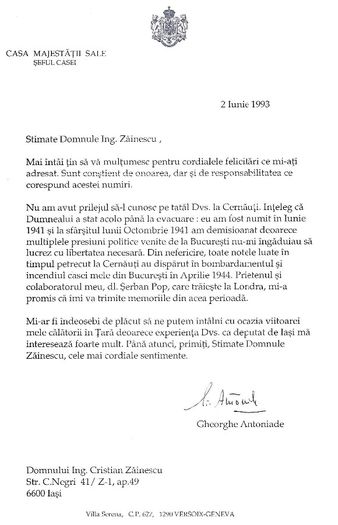Versoix. Scrisoare de la Seful Casei M.S. Regele - 1993