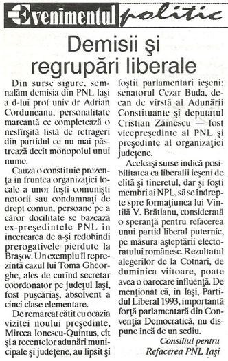 Evenimentul, Iasi 8 iunie 1993; Consiliul pentru Refacerea PNL
